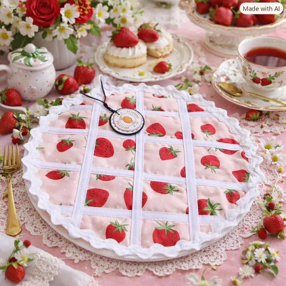 Big STRAWBERRY Pie / Hot Pad / Potholder / Quilted Cotton / washable / 11"